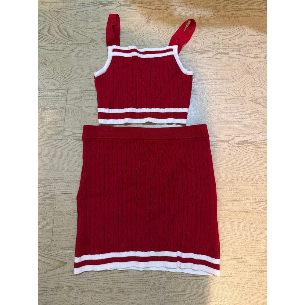 Freshman 1996 Womens Red White Cable Knit 2 Piece Crop Top and Mini‎ Skirt Set S